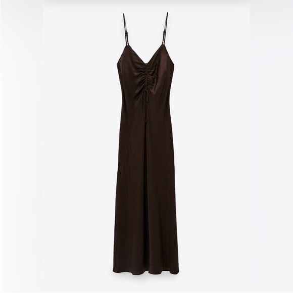 Zara Gathered Slip Midi Dress in Brown Size Large - Picture 5 of 12